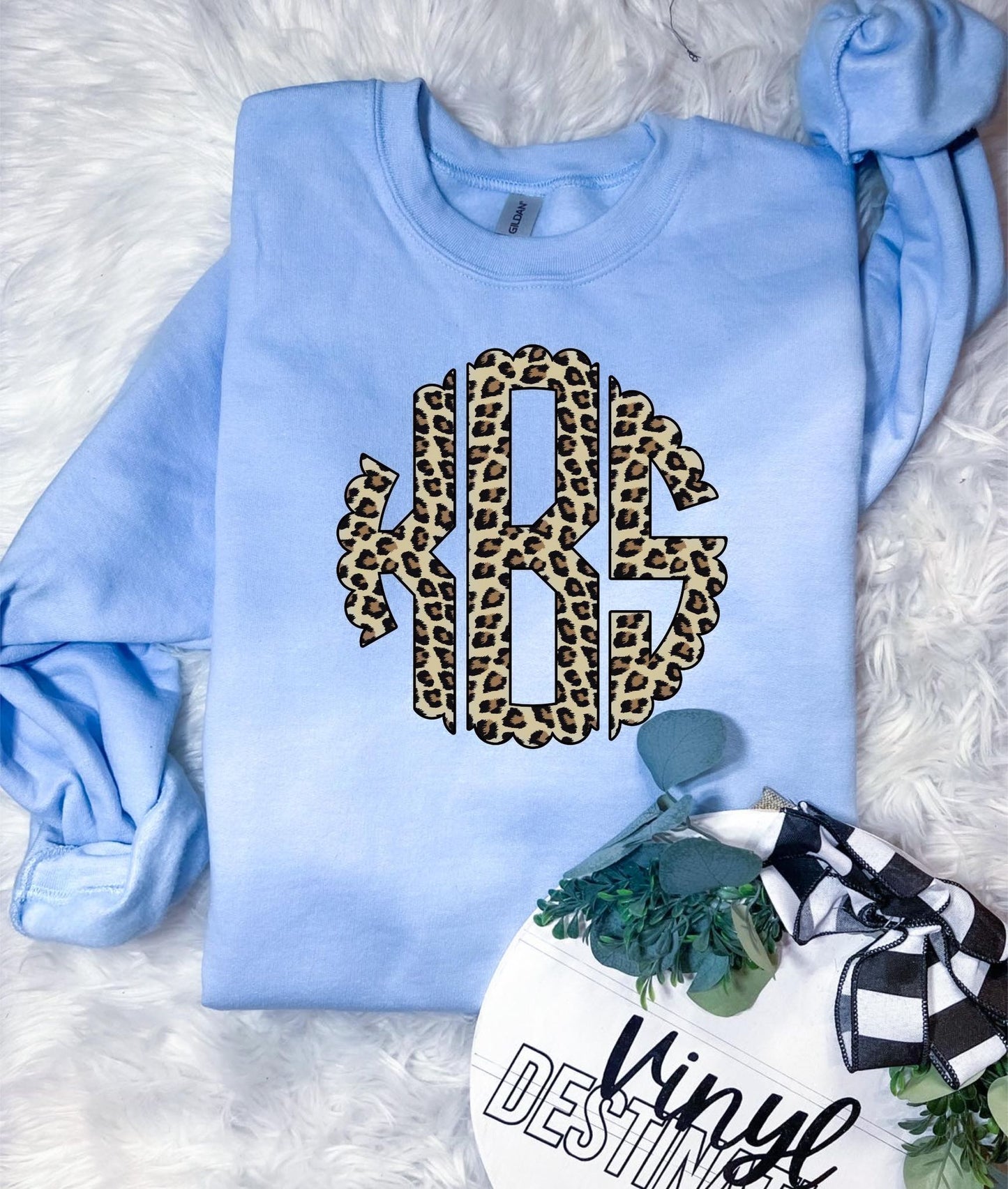 LEOPARD MONOGRAM/LIGHT BLUE CREW