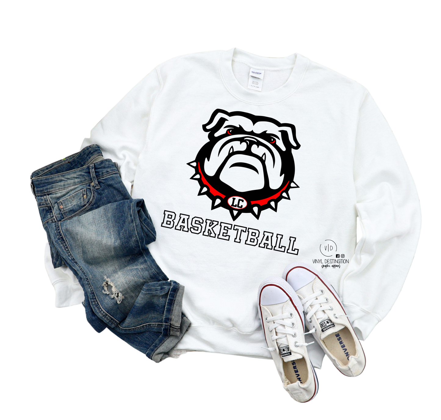 BULLDOG BASKETBALL ON WHITE CREWNECK SWEATSHIRT