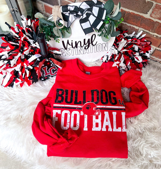 VINTAGE BULLDOG FOOTBALL ON RED TEE, CREW, HOODIE