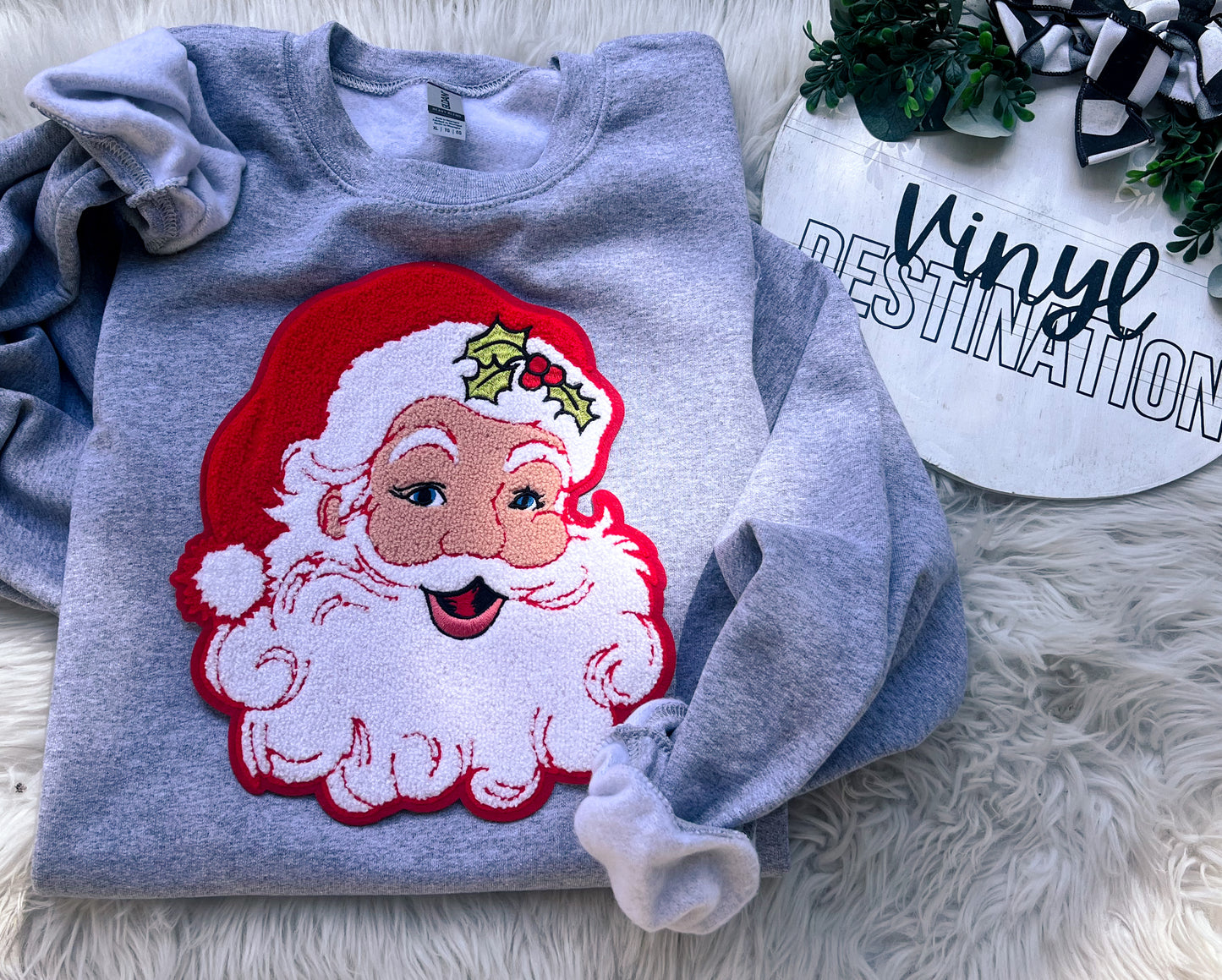 SANTA fuzzy chenille patch crew + tee