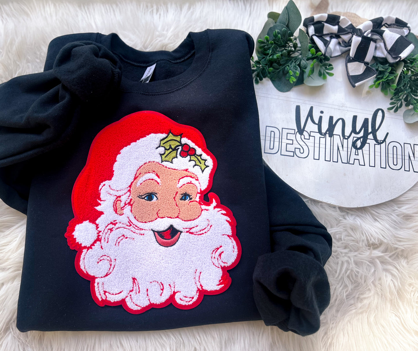 SANTA fuzzy chenille patch crew + tee