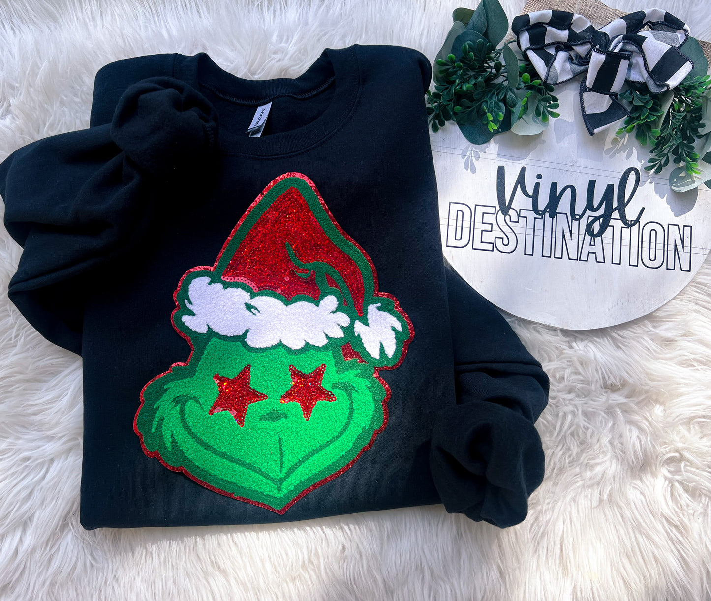 SEQUIN CHRISTMAS fuzzy chenille patch crew + tee