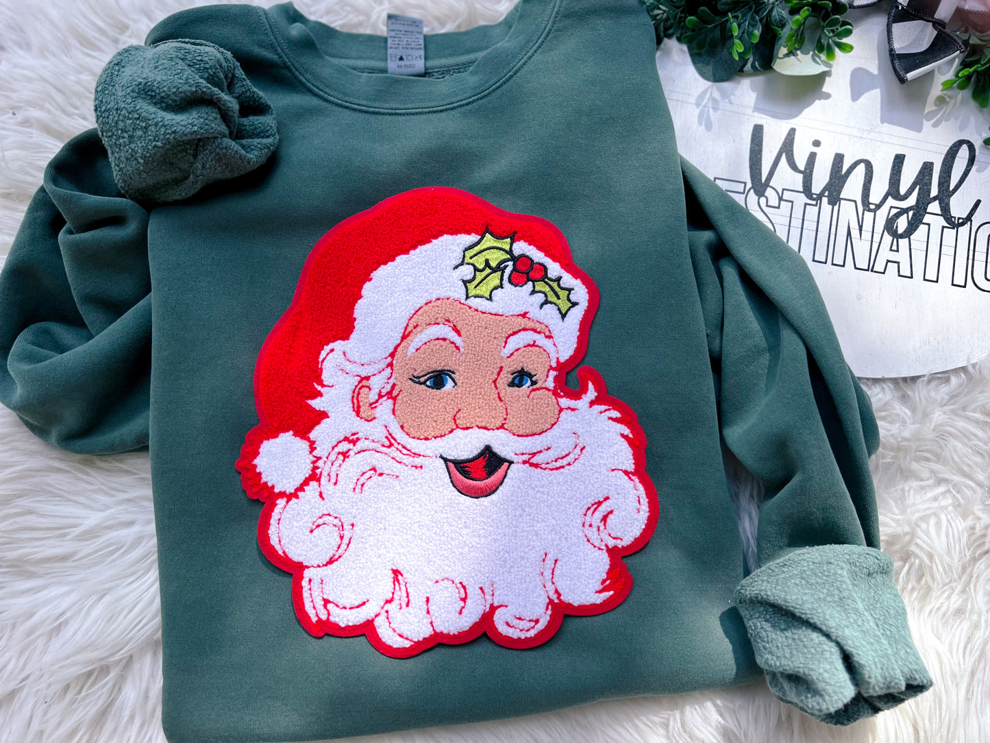 SANTA fuzzy chenille patch crew + tee