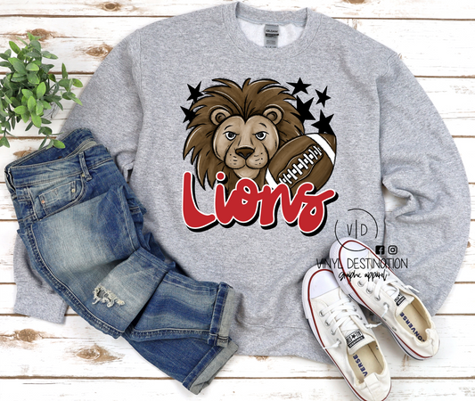 LIONS MASCOT FOOTBALL TEE, CREWNECK, OR HOODIE