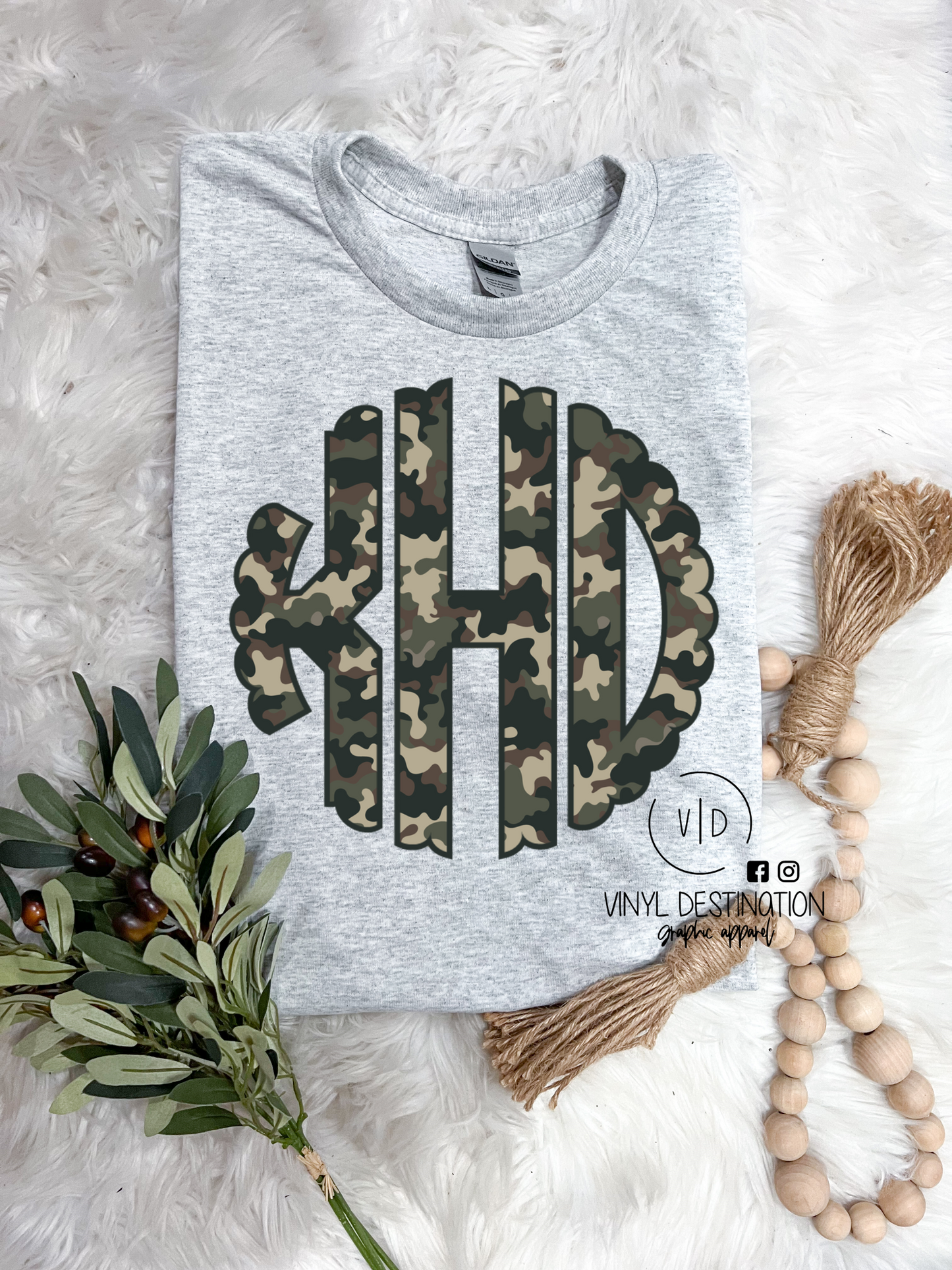 Camo Scallop Monogram Tee + Pullover