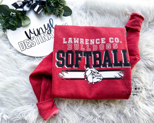 LAWRENCE COUNTY BULLDOGS SOFTBALL ON RED- TEE,CREW,HOODIE