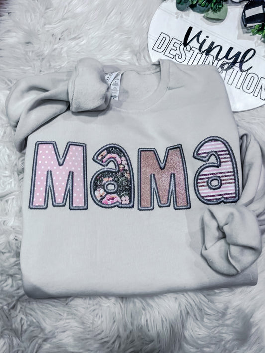 Floral Mama- Faux appliqué crewneck pullover