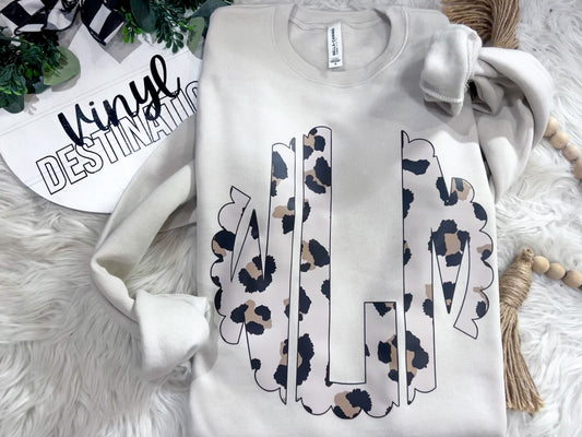 SNOW LEOPARD + CREAM MONOGRAM CREW