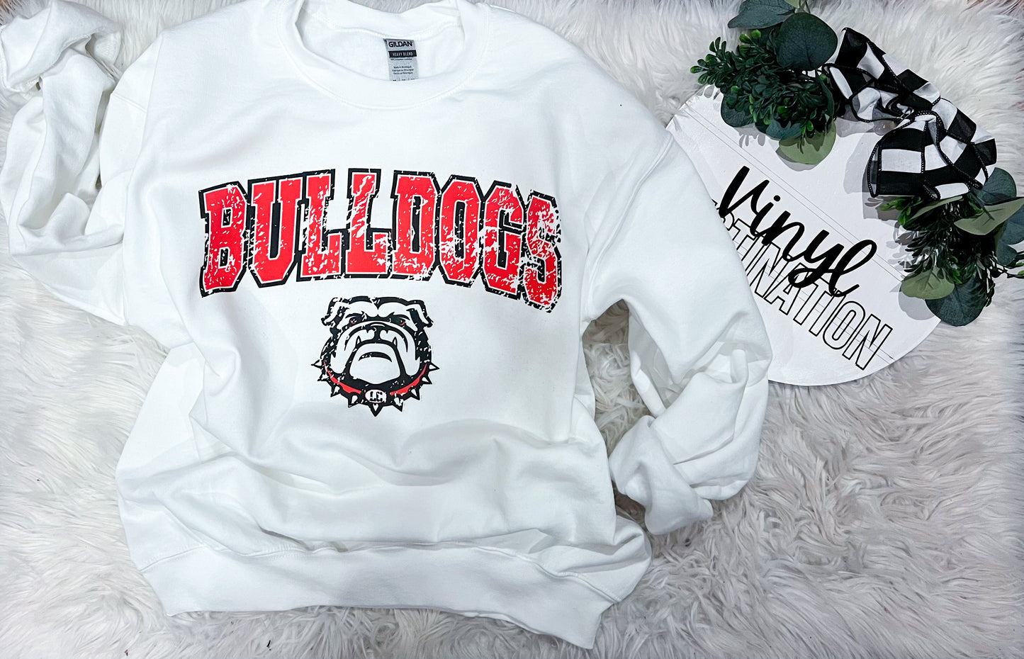 Bulldogs arched distressed logo CREW + TEE